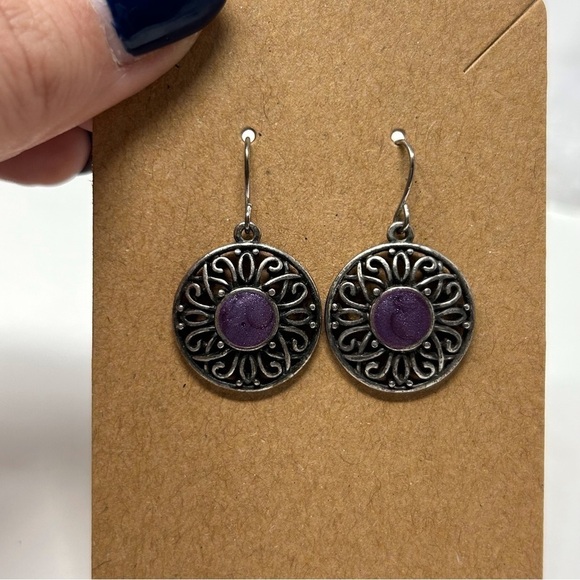 Boho Purple Enamel Round Medallion Dangle Earrings Silver Tone Filigree - Picture 5 of 6